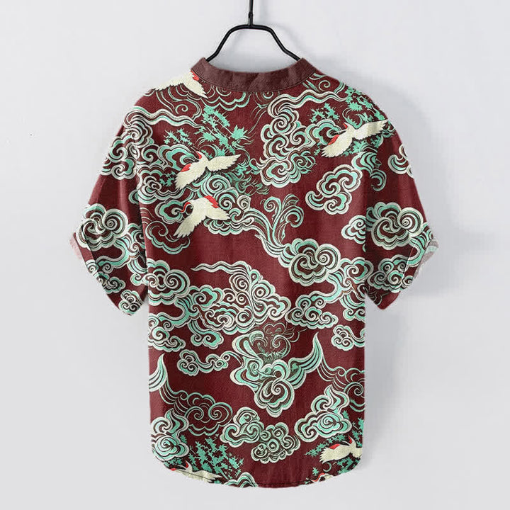 Buddha Stones Camisa de manga corta con medio botón para hombre, de algodón, con estampado de grullas en la nube color menta. - image 8