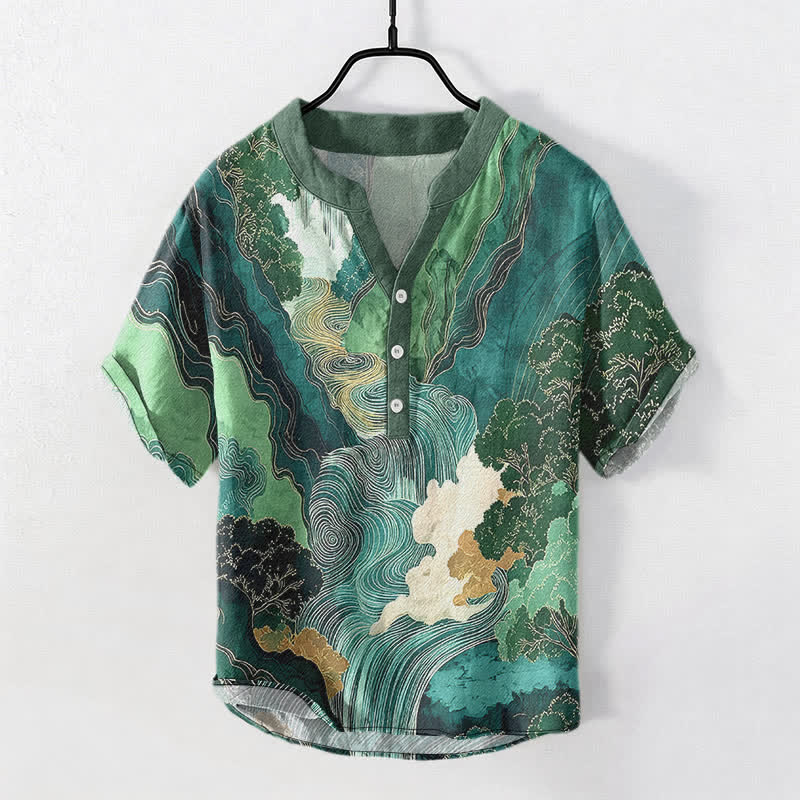 Buddha Stones Camisa de manga corta con medio botón para hombre, de algodón, con estampado de paisaje oriental y tinta. - Verde azulado - US/UK/AU50, EU60 (5XL) - image 0