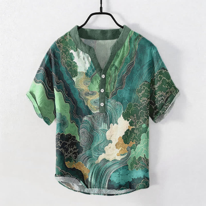 Buddha Stones Camisa de manga corta con medio botón para hombre, de algodón, con estampado de paisaje oriental y tinta. - Verde azulado - US/UK/AU50, EU60 (5XL) - image 0
