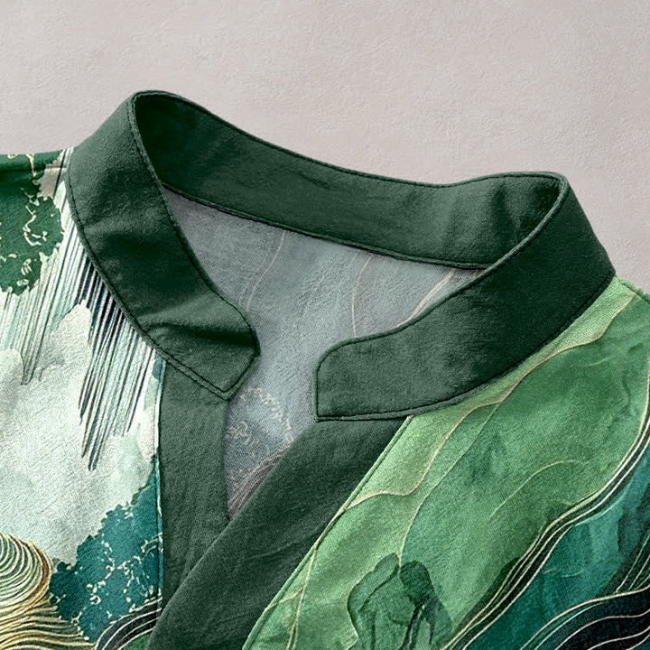 Buddha Stones Camisa de manga corta con medio botón para hombre, de algodón, con estampado de paisaje oriental y tinta. - image 2