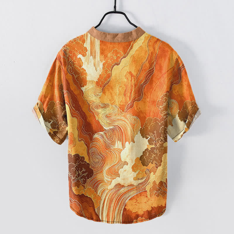 Buddha Stones Camisa de manga corta con medio botón para hombre, de algodón, con estampado de paisaje oriental y tinta. - image 6