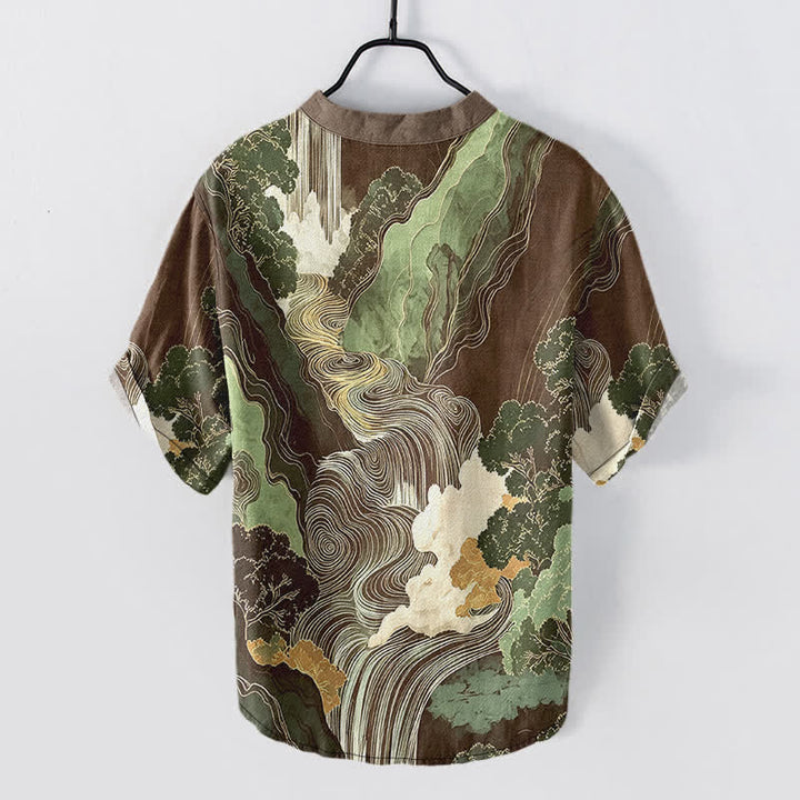 Buddha Stones Camisa de manga corta con medio botón para hombre, de algodón, con estampado de paisaje oriental y tinta. - image 8