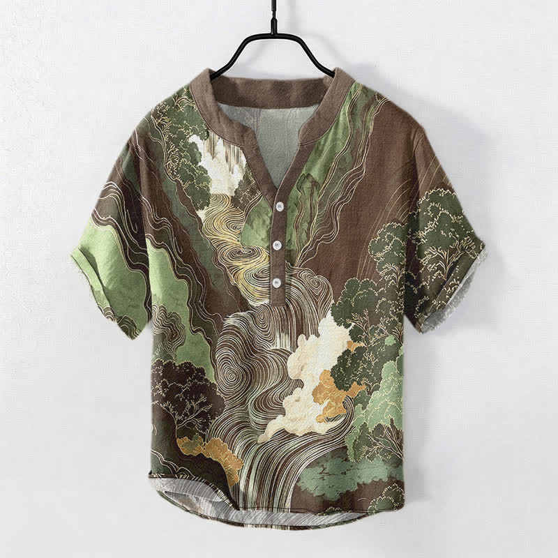 Buddha Stones Camisa de manga corta con medio botón para hombre, de algodón, con estampado de paisaje oriental y tinta. - Marrón silla de montar - US/UK/AU50, EU60 (5XL) - image 7