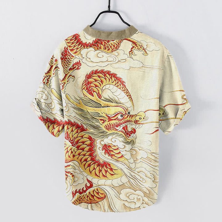 Buddha Stones Camisa de manga corta con medio botón y estampado de dragón dorado de algodón para hombre - image 1