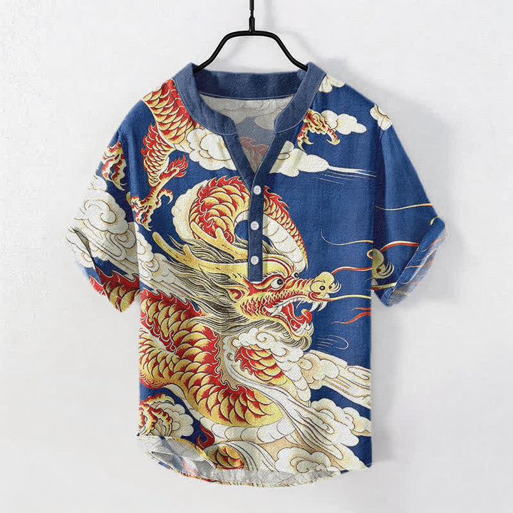 Buddha Stones Camisa de manga corta con medio botón y estampado de dragón dorado de algodón para hombre - Azul real - US/UK/AU50, EU60 (5XL) - image 3