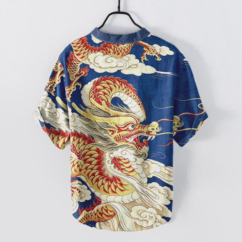 Buddha Stones Camisa de manga corta con medio botón y estampado de dragón dorado de algodón para hombre - image 4