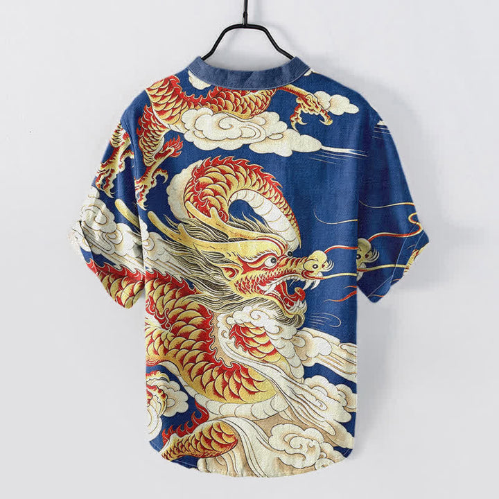 Buddha Stones Camisa de manga corta con medio botón y estampado de dragón dorado de algodón para hombre - image 4