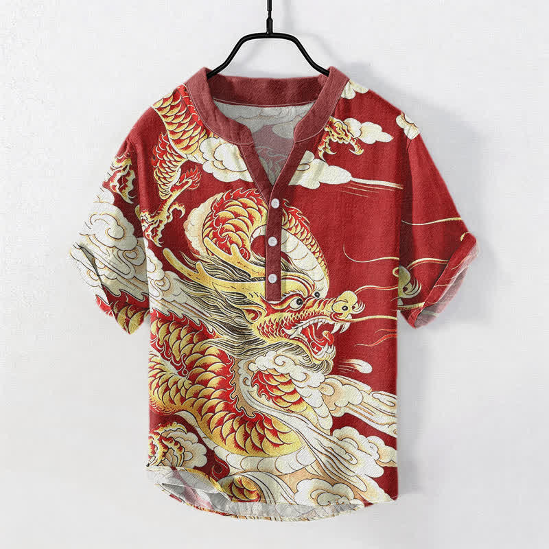 Buddha Stones Camisa de manga corta con medio botón y estampado de dragón dorado de algodón para hombre - Carmesí - US/UK/AU50, EU60 (5XL) - image 5