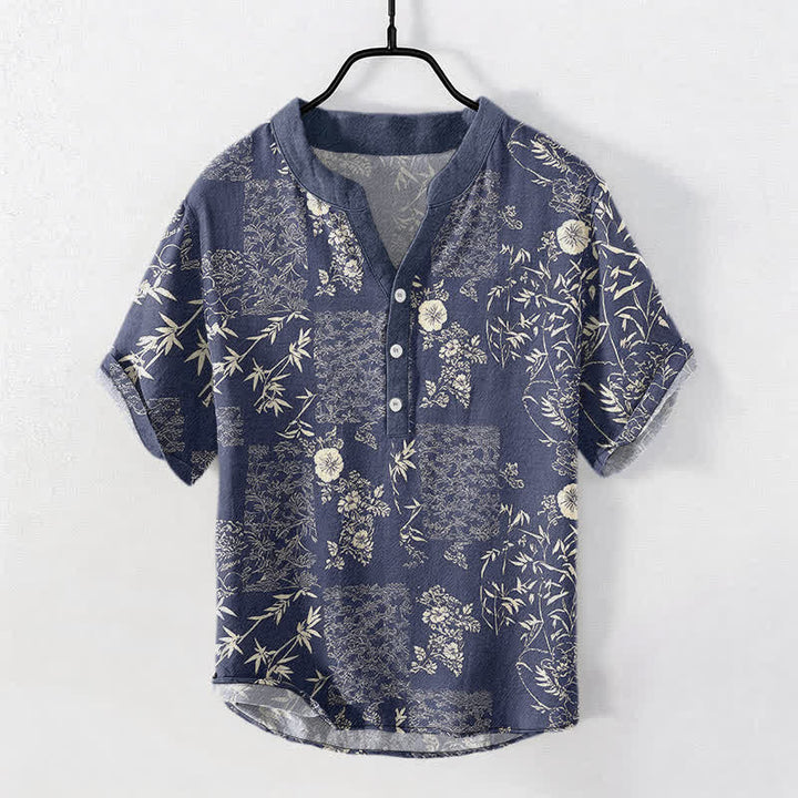 Buddha Stones Camisa de manga corta con medio botón para hombre, de algodón y bambú, con estampado floral de patchwork. - Marina de guerra - US/UK/AU50, EU60 (5XL) - image 0