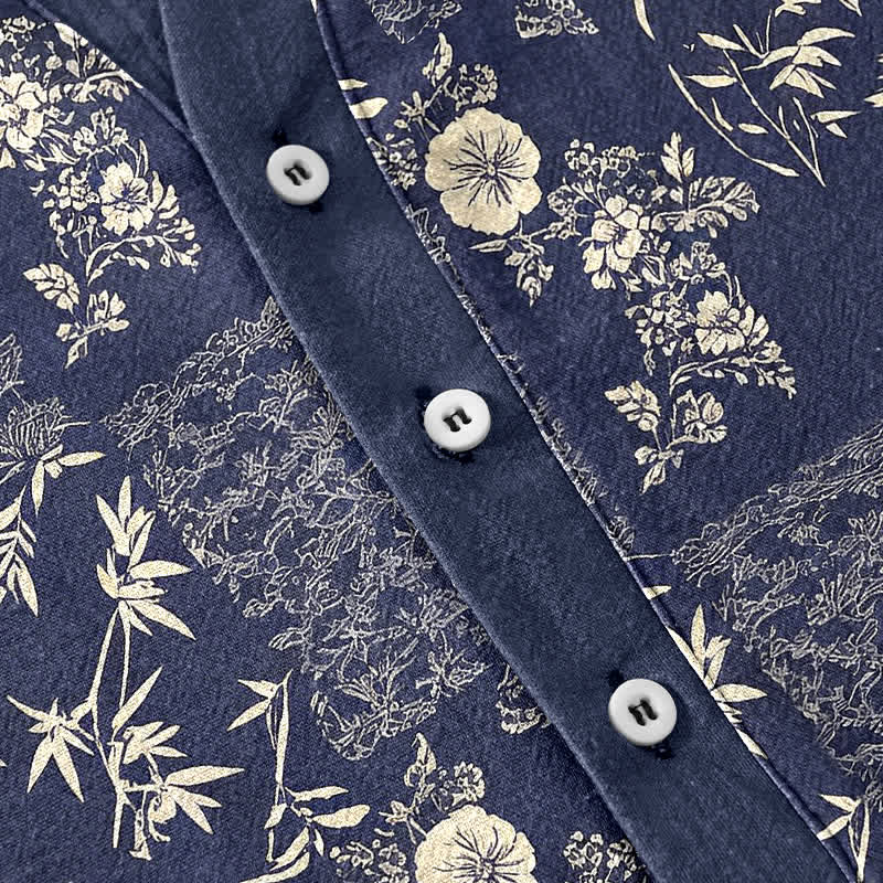 Buddha Stones Camisa de manga corta con medio botón para hombre, de algodón y bambú, con estampado floral de patchwork. - image 4