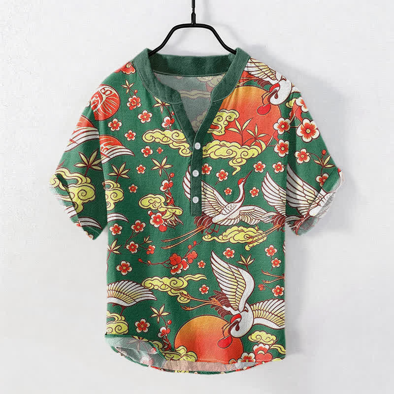 Buddha Stones Camisa de manga corta con medio botón para hombre, de algodón puro, con estampado floral de grullas, sol y nubes. - Verde bosque - US/UK/AU50, EU60 (5XL) - image 5