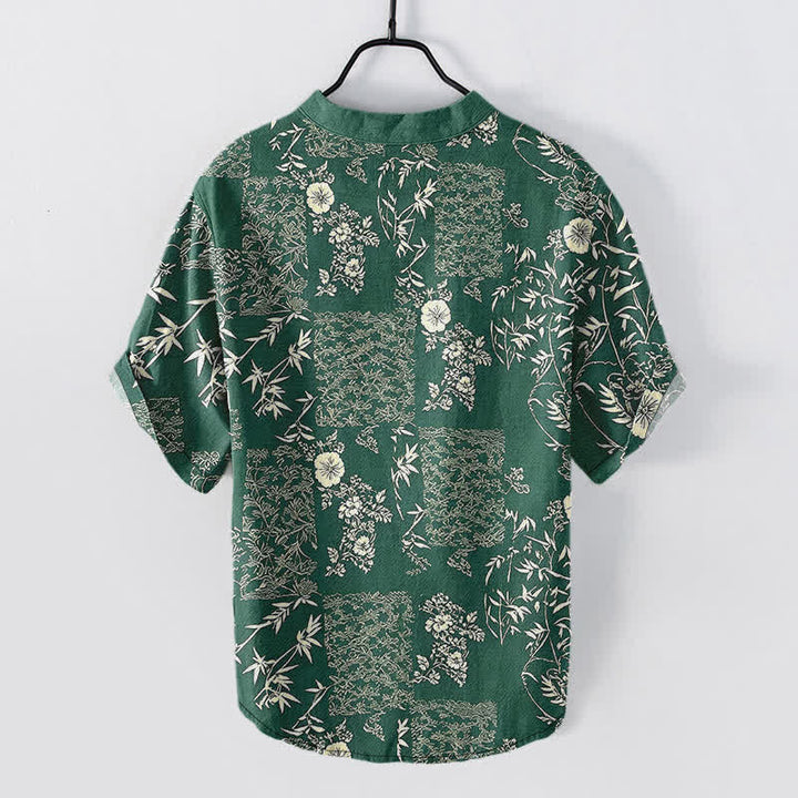 Buddha Stones Camisa de manga corta con medio botón para hombre, de algodón y bambú, con estampado floral de patchwork. - image 6