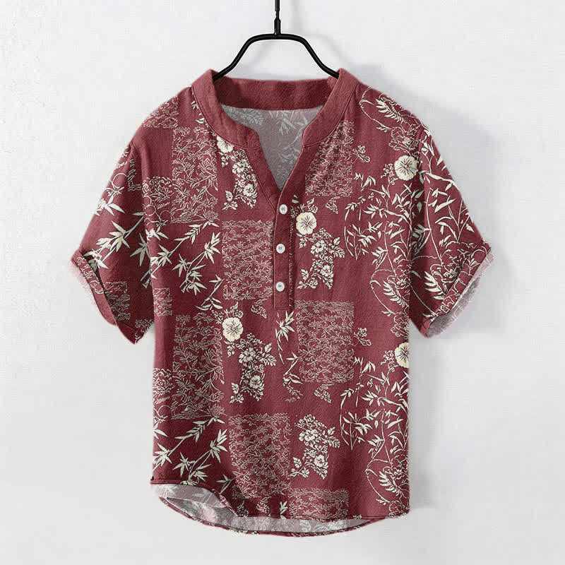 Buddha Stones Camisa de manga corta con medio botón para hombre, de algodón y bambú, con estampado floral de patchwork. - Granate - US/UK/AU50, EU60 (5XL) - image 7