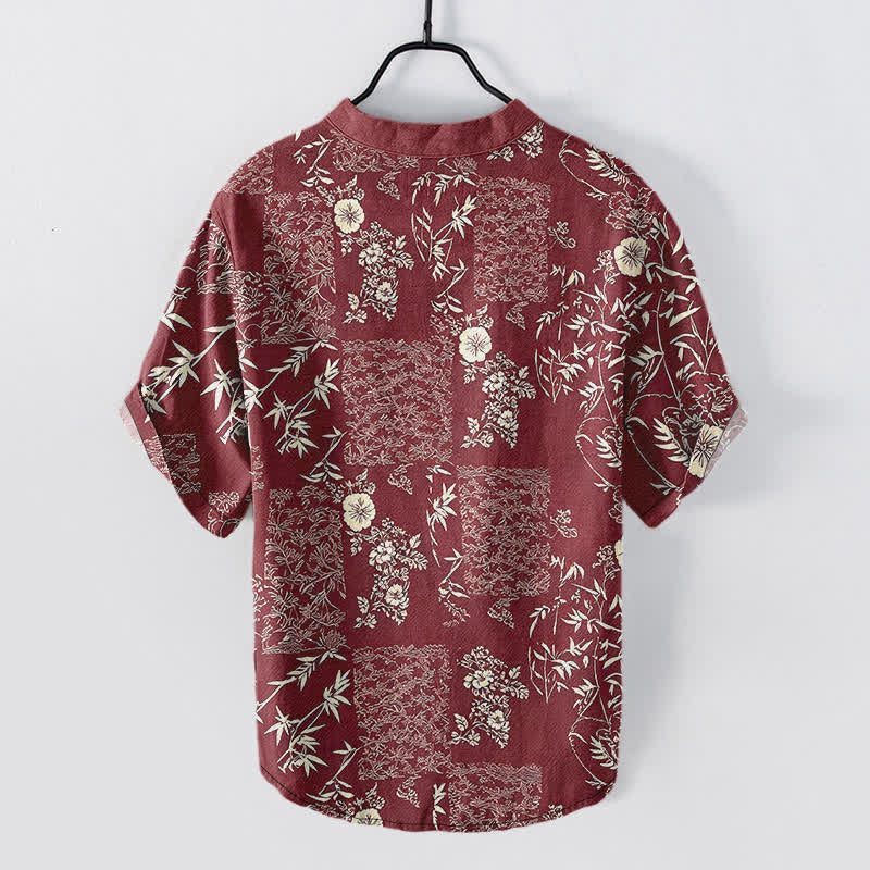 Buddha Stones Camisa de manga corta con medio botón para hombre, de algodón y bambú, con estampado floral de patchwork. - image 8