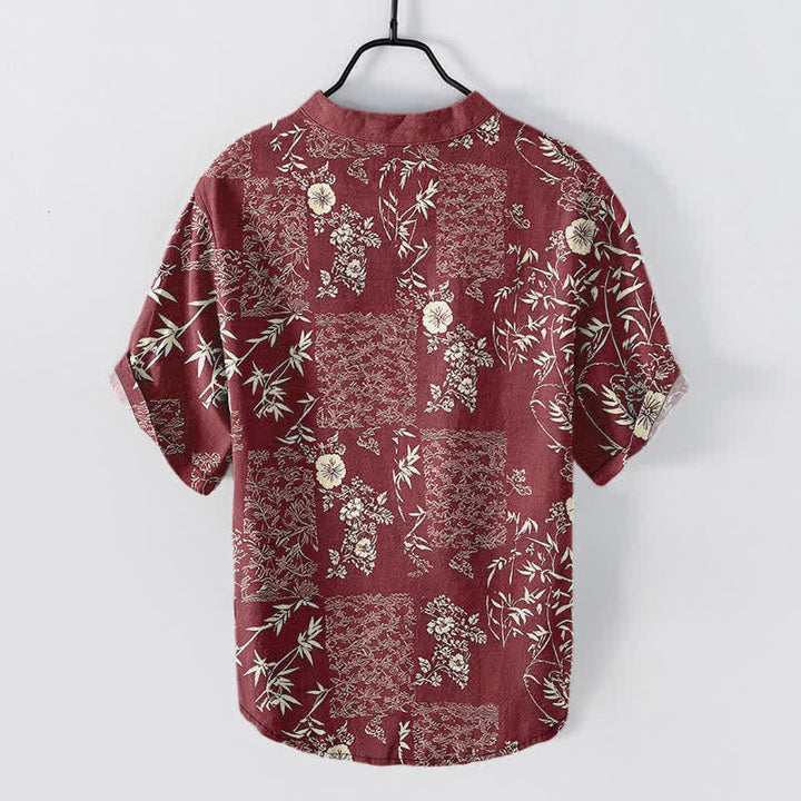 Buddha Stones Camisa de manga corta con medio botón para hombre, de algodón y bambú, con estampado floral de patchwork. - image 8