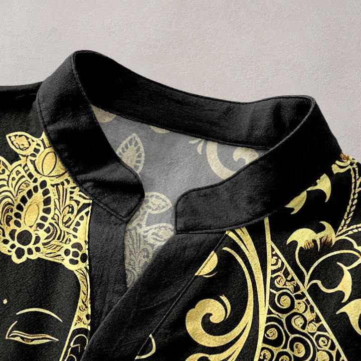 Buddha Stones Camisa de manga corta con medio botón para hombre, de algodón, con estampado del icono del Buda dorado. - image 2