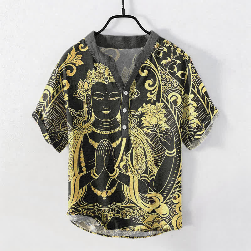 Buddha Stones Camisa de manga corta con medio botón para hombre, de algodón, con estampado del icono del Buda dorado. - Negro - US/UK/AU50, EU60 (5XL) - image 0