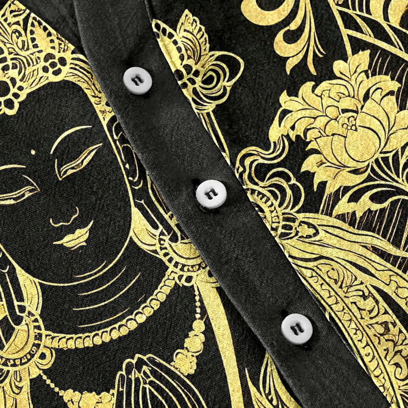 Buddha Stones Camisa de manga corta con medio botón para hombre, de algodón, con estampado del icono del Buda dorado. - image 3