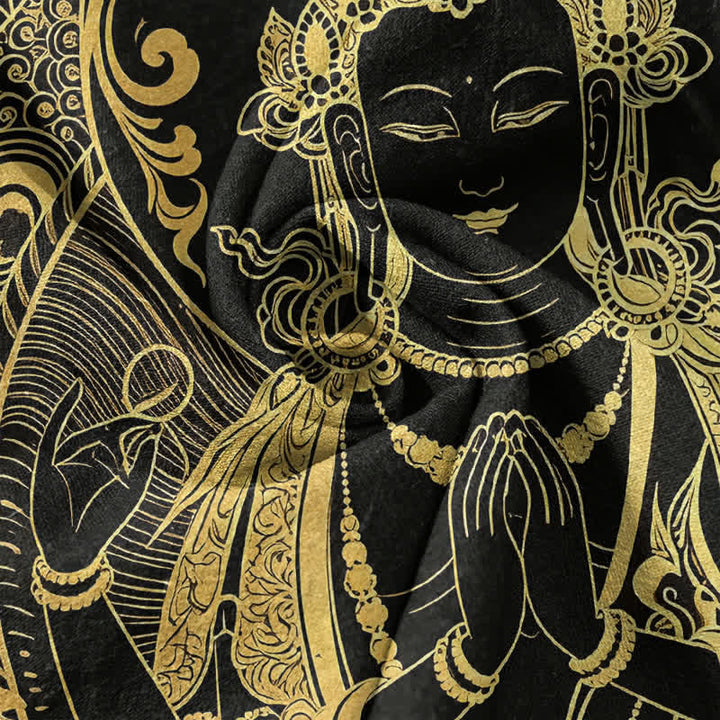 Buddha Stones Camisa de manga corta con medio botón para hombre, de algodón, con estampado del icono del Buda dorado. - image 4