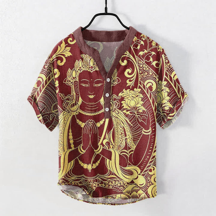 Buddha Stones Camisa de manga corta con medio botón para hombre, de algodón, con estampado del icono del Buda dorado. - Granate - US/UK/AU50, EU60 (5XL) - image 7