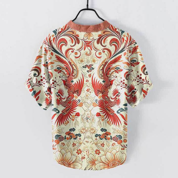Buddha Stones Camisa de manga corta con medio botón y estampado floral de fénix simétrico de algodón para hombre - image 1