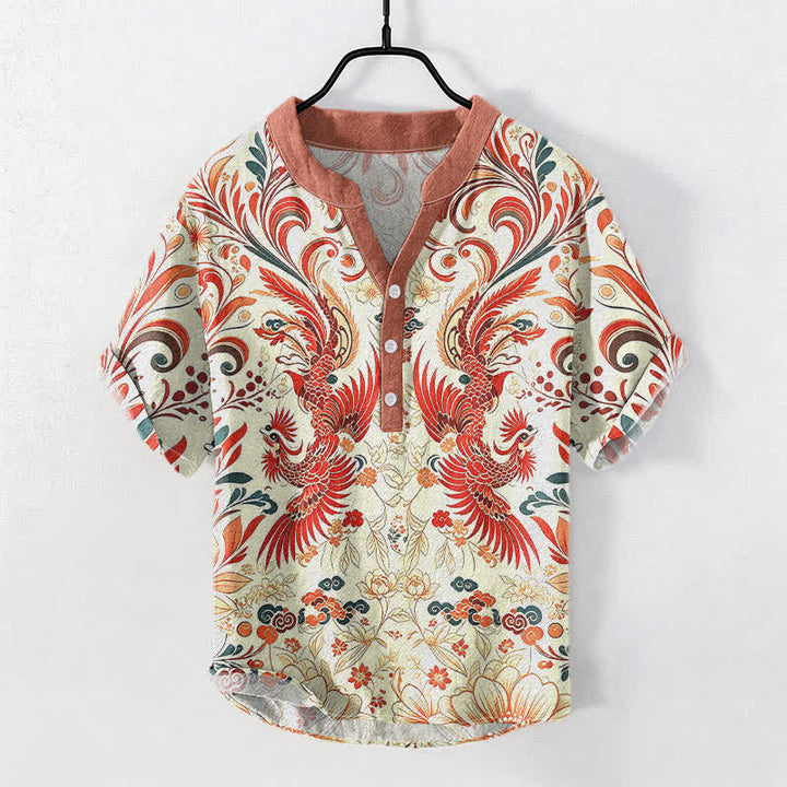 Buddha Stones Camisa de manga corta con medio botón y estampado floral de fénix simétrico de algodón para hombre - Marfil - US/UK/AU50, EU60 (5XL) - image 0