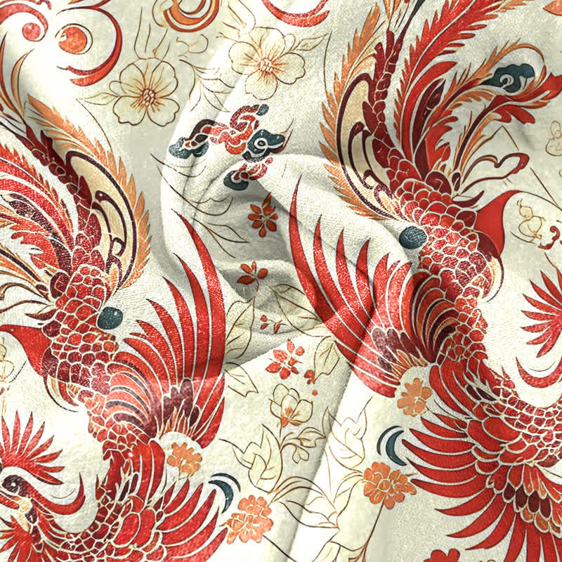 Buddha Stones Camisa de manga corta con medio botón y estampado floral de fénix simétrico de algodón para hombre - image 2