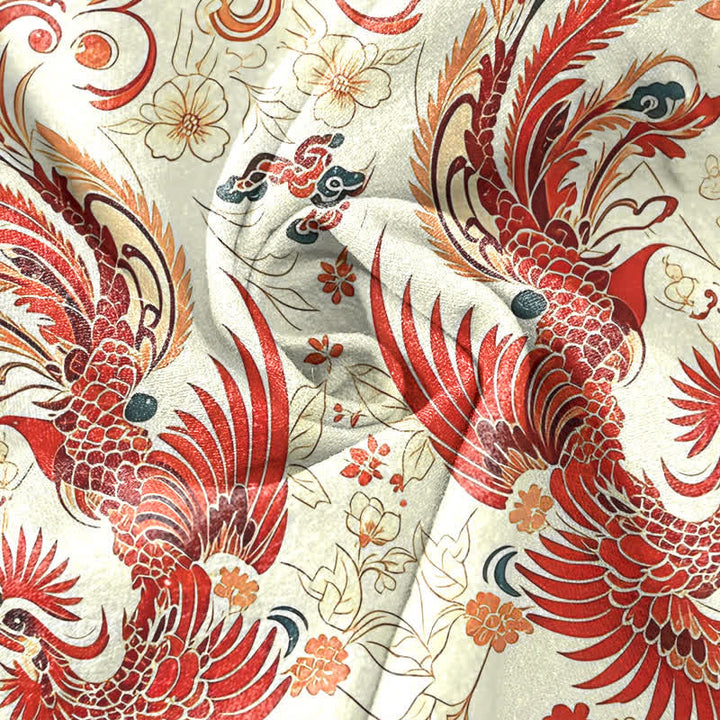 Buddha Stones Camisa de manga corta con medio botón y estampado floral de fénix simétrico de algodón para hombre - image 2