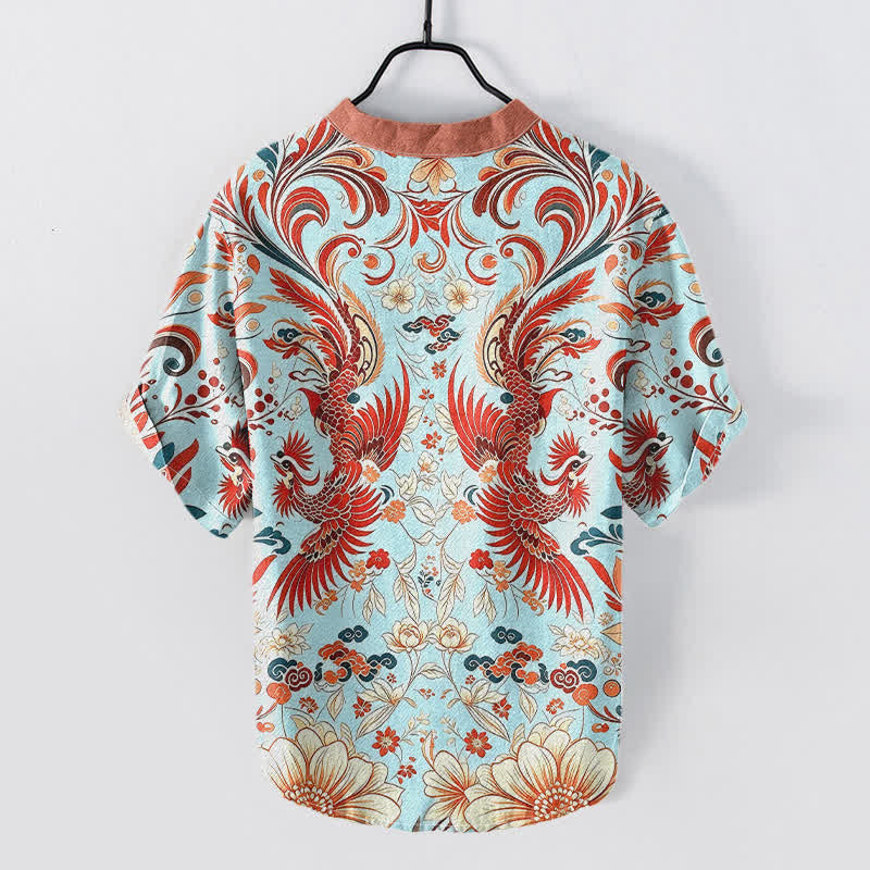 Buddha Stones Camisa de manga corta con medio botón y estampado floral de fénix simétrico de algodón para hombre - image 4