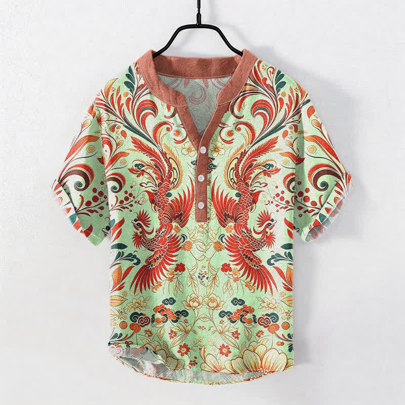 Buddha Stones Camisa de manga corta con medio botón y estampado floral de fénix simétrico de algodón para hombre - Crema de menta - US/UK/AU50, EU60 (5XL) - image 5