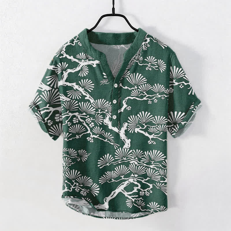 Buddha Stones Camisa de manga corta con medio botón para hombre, de algodón blanco con estampado botánico de agujas de pino. - Verdemar - US/UK/AU50, EU60 (5XL) - image 7