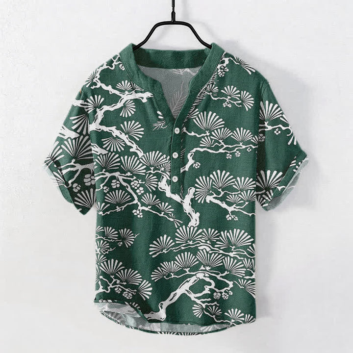 Buddha Stones Camisa de manga corta con medio botón para hombre, de algodón blanco con estampado botánico de agujas de pino. - Verdemar - US/UK/AU50, EU60 (5XL) - image 7