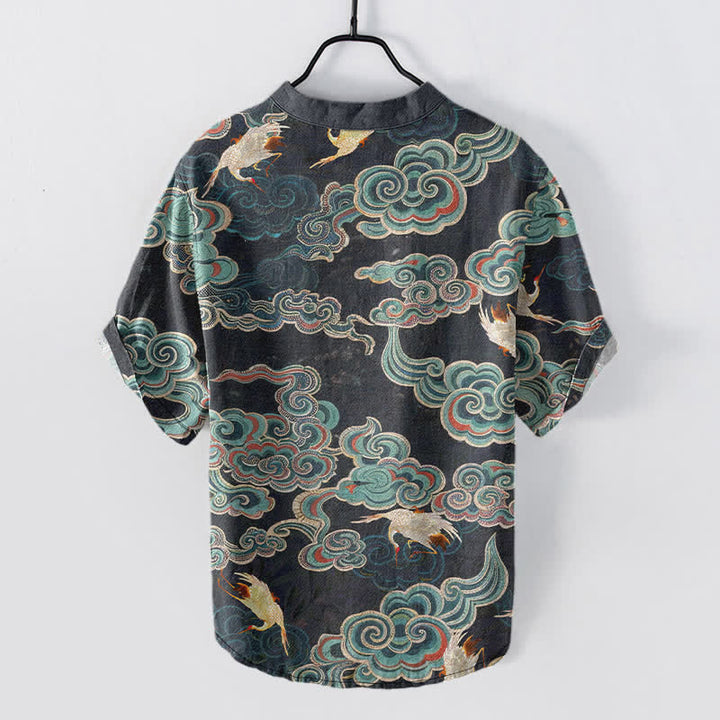 Buddha Stones Camisa de manga corta con medio botón para hombre, de algodón, con estampado de peces koi y loto. - image 1