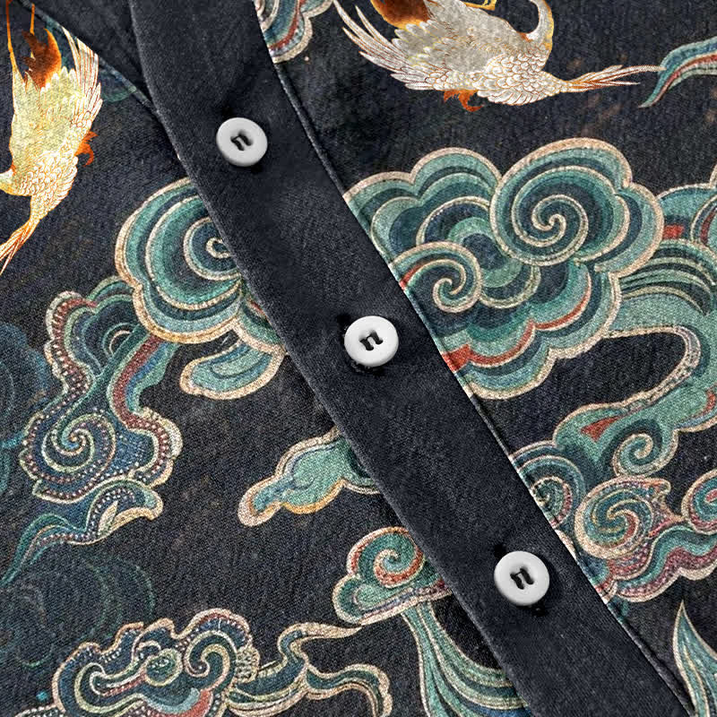 Buddha Stones Camisa de manga corta con medio botón para hombre, de algodón, con estampado de peces koi y loto. - image 3