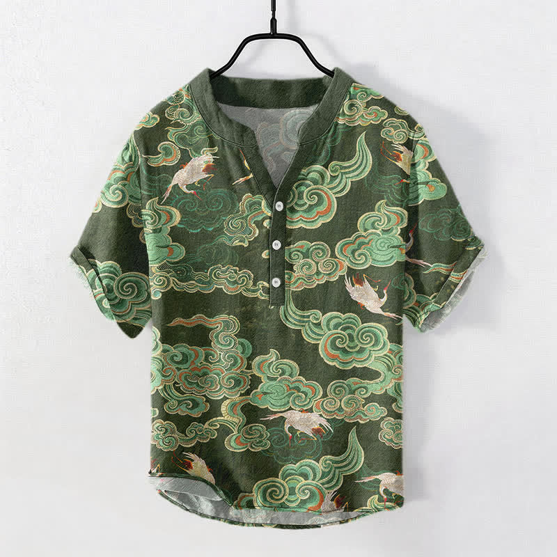 Buddha Stones Camisa de manga corta con medio botón para hombre, de algodón, con estampado de peces koi y loto. - Verde oliva oscuro - US/UK/AU50, EU60 (5XL) - image 5