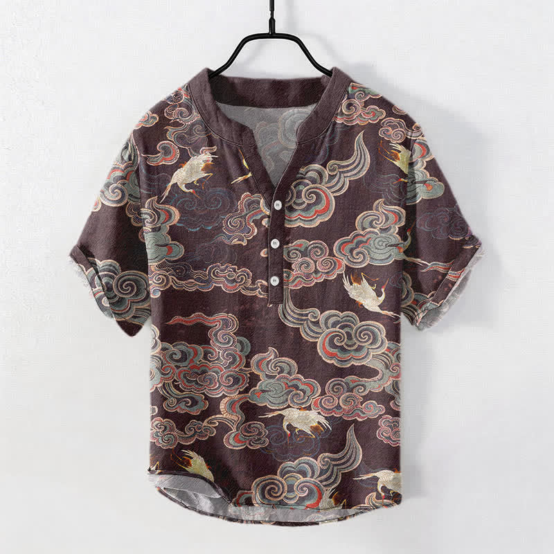 Buddha Stones Camisa de manga corta con medio botón para hombre, de algodón, con estampado de peces koi y loto. - Tierra de siena - US/UK/AU50, EU60 (5XL) - image 7