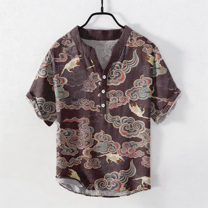Buddha Stones Camisa de manga corta con medio botón para hombre, de algodón, con estampado de peces koi y loto. - Tierra de siena - US/UK/AU50, EU60 (5XL) - image 7