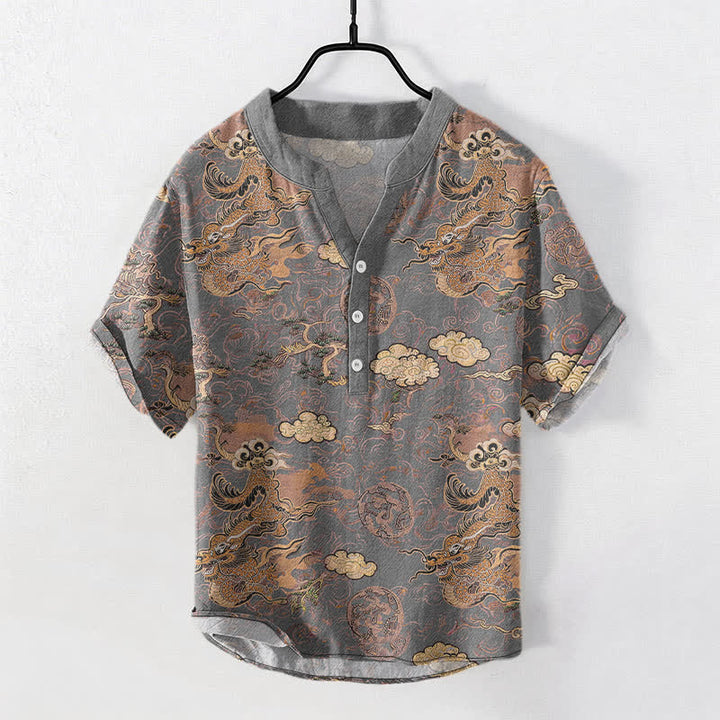 Buddha Stones Camisa de manga corta con medio botón para hombre, de algodón, con estampado de nube y dragón dorado. - Gris - US/UK/AU50, EU60 (5XL) - image 5