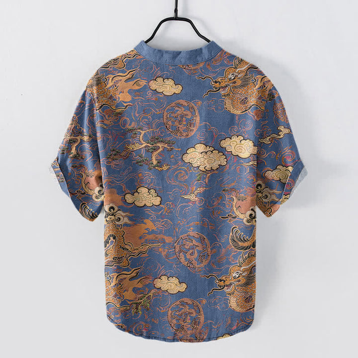 Buddha Stones Camisa de manga corta con medio botón para hombre, de algodón, con estampado de nube y dragón dorado. - image 8
