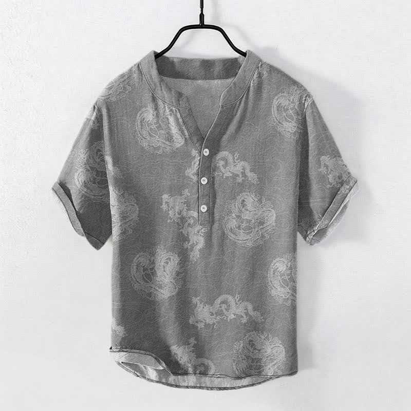 Buddha Stones Camisa de manga corta con medio botón para hombre, de algodón, con estampado de dragón índigo desteñido. - Gris - US/UK/AU50, EU60 (5XL) - image 5