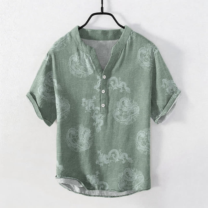 Buddha Stones Camisa de manga corta con medio botón para hombre, de algodón, con estampado de dragón índigo desteñido. - Verde claro - US/UK/AU50, EU60 (5XL) - image 7