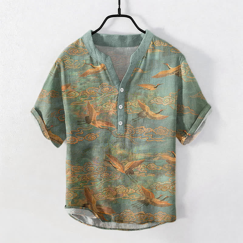 Buddha Stones Camisa de manga corta con medio botón para hombre, de algodón, con estampado de grullas voladoras y nubes. - Verdemar - US/UK/AU50, EU60 (5XL) - image 5