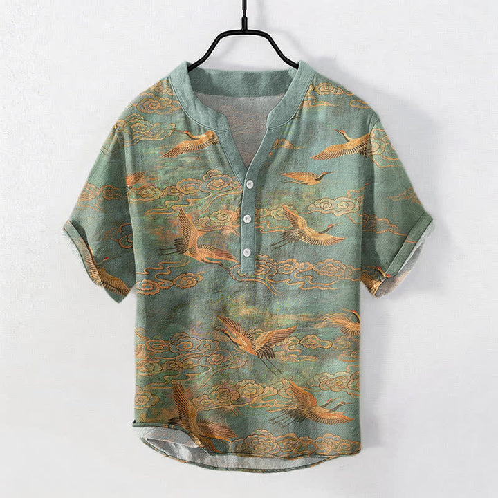 Buddha Stones Camisa de manga corta con medio botón para hombre, de algodón, con estampado de grullas voladoras y nubes. - Verdemar - US/UK/AU50, EU60 (5XL) - image 5