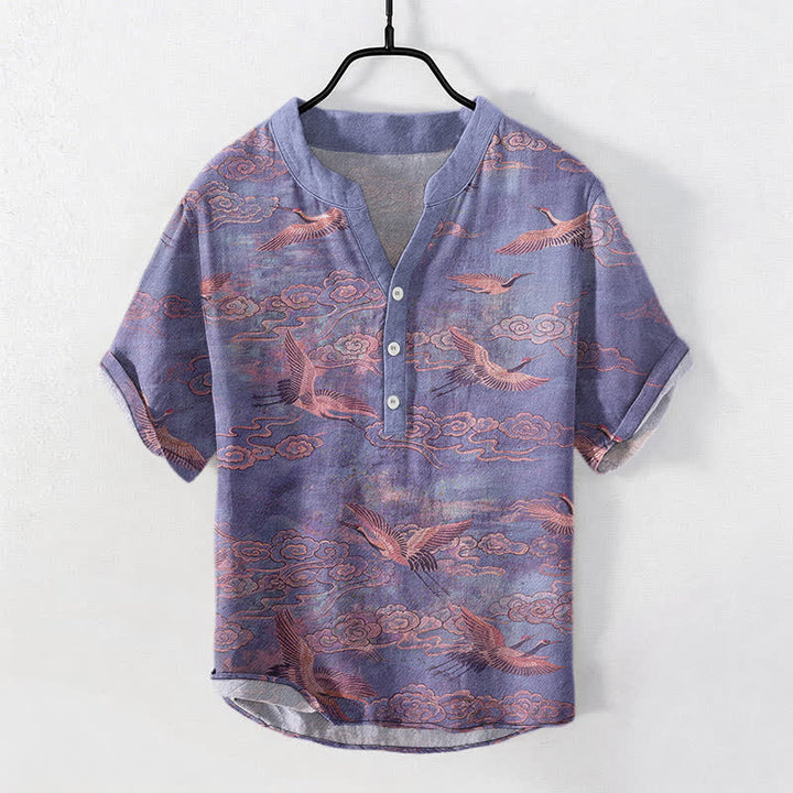 Buddha Stones Camisa de manga corta con medio botón para hombre, de algodón, con estampado de grullas voladoras y nubes. - Morado medio - US/UK/AU50, EU60 (5XL) - image 7