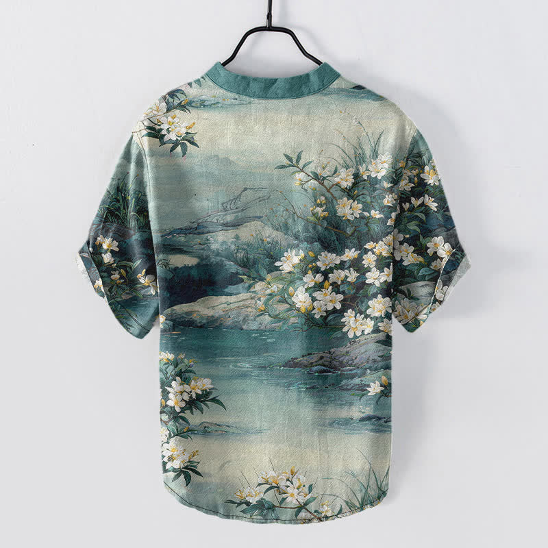 Buddha Stones Camisa de manga corta con medio botón para hombre, de algodón, con estampado floral acuarela. - image 1