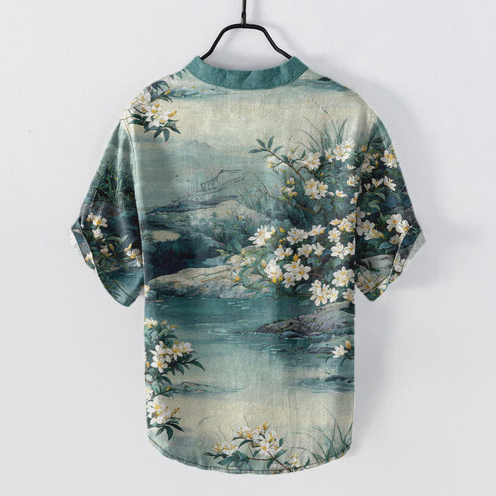 Buddha Stones Camisa de manga corta con medio botón para hombre, de algodón, con estampado floral acuarela. - image 1