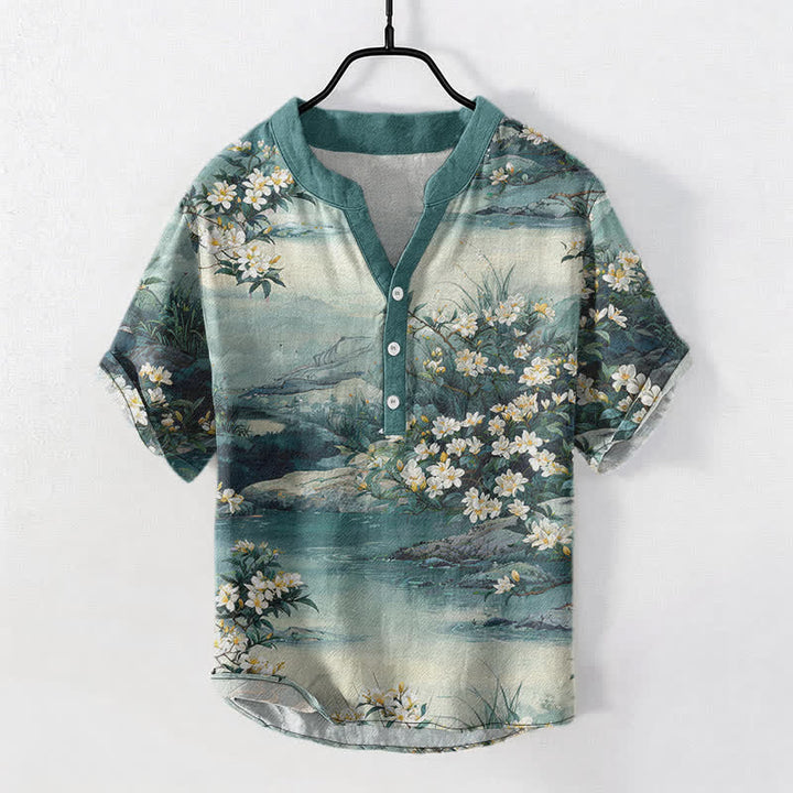 Buddha Stones Camisa de manga corta con medio botón para hombre, de algodón, con estampado floral acuarela. - Verdemar - US/UK/AU50, EU60 (5XL) - image 0