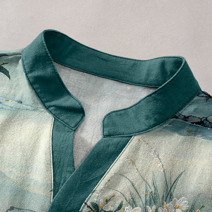 Buddha Stones Camisa de manga corta con medio botón para hombre, de algodón, con estampado floral acuarela. - image 2