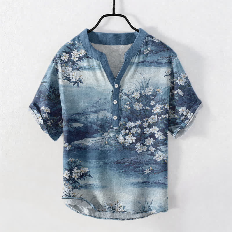Buddha Stones Camisa de manga corta con medio botón para hombre, de algodón, con estampado floral acuarela. - Azul acero claro - US/UK/AU50, EU60 (5XL) - image 5