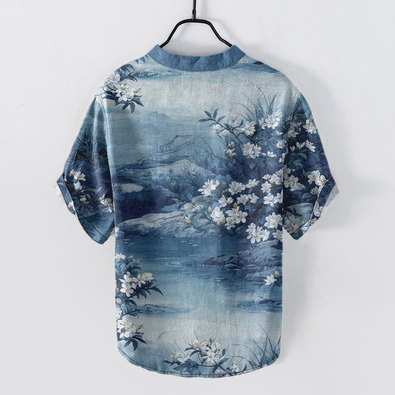 Buddha Stones Camisa de manga corta con medio botón para hombre, de algodón, con estampado floral acuarela. - image 6